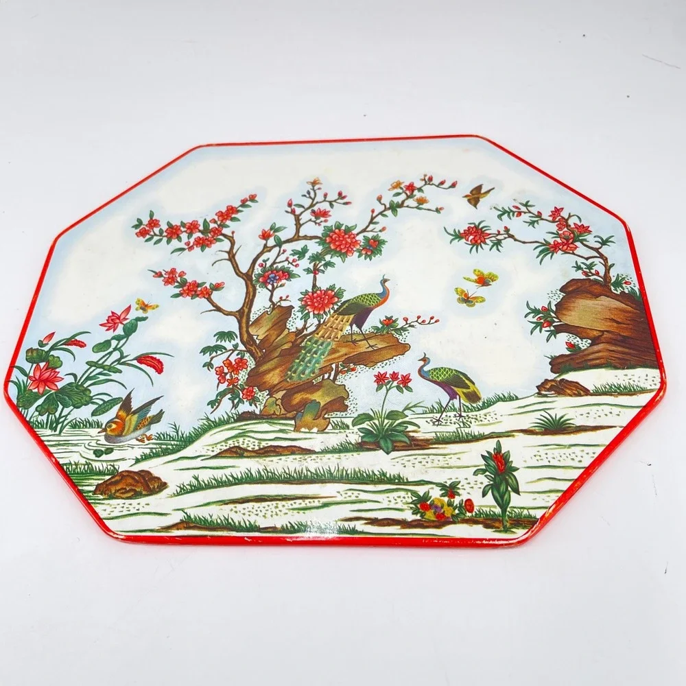 Vtg Octagon Wall Plaque x3 Birds Floral Chinoiserie Asian Decor Metal Laminate